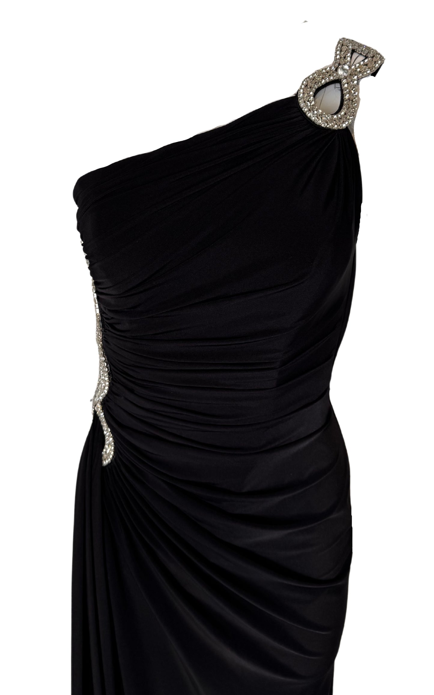 One Shoulder Beaded Stretch Gown in Black