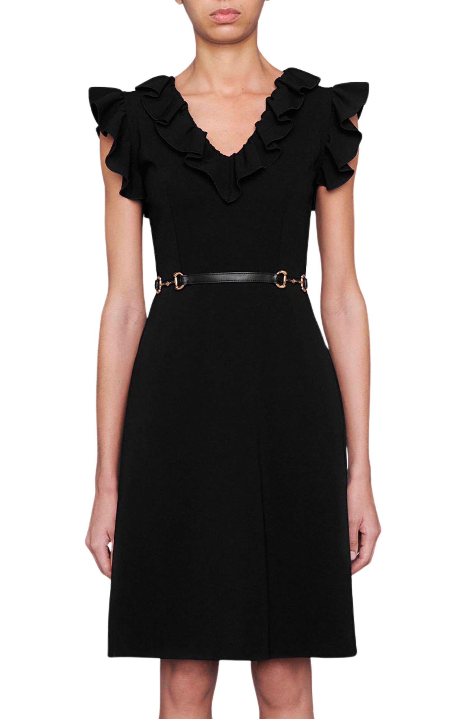 Horsebit Belted Ruffle Trim Mini Dress