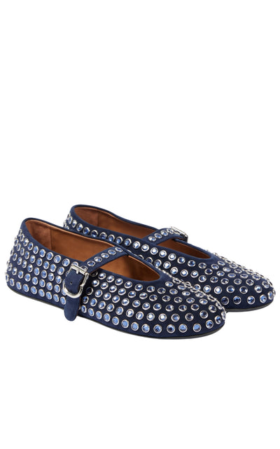 Blue Embellished Suede Ballet Flats