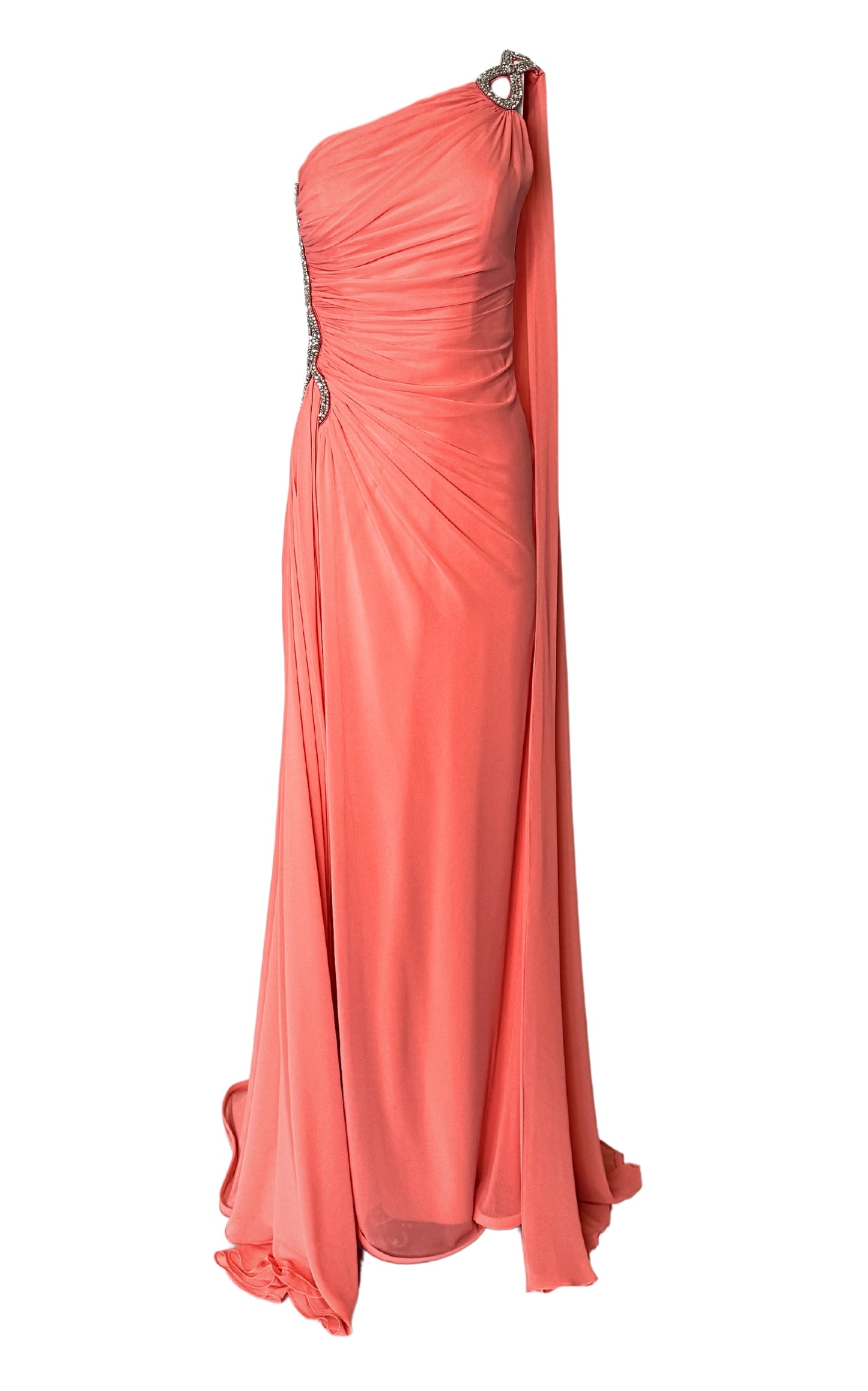 One Shoulder Beaded Gown in Coral