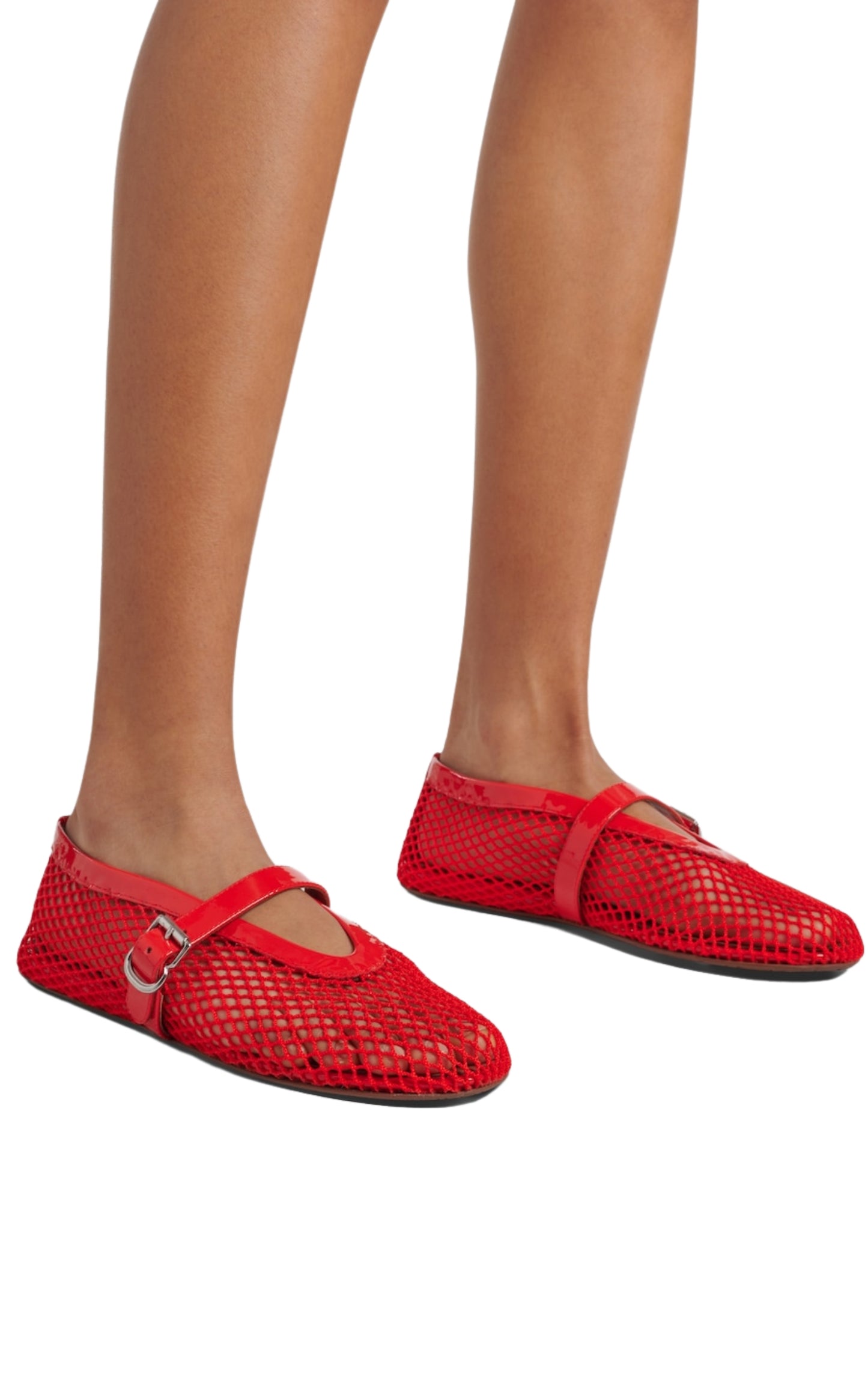 Leather-trimmed fishnet ballet flats