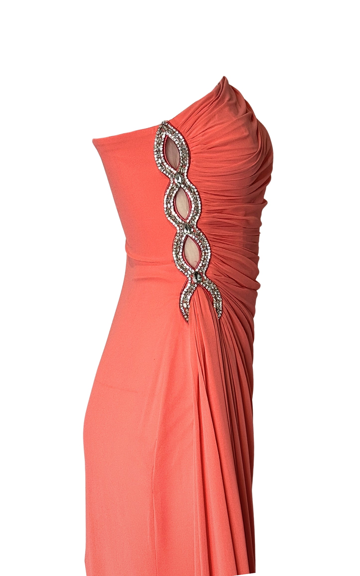 One Shoulder Beaded Gown in Coral