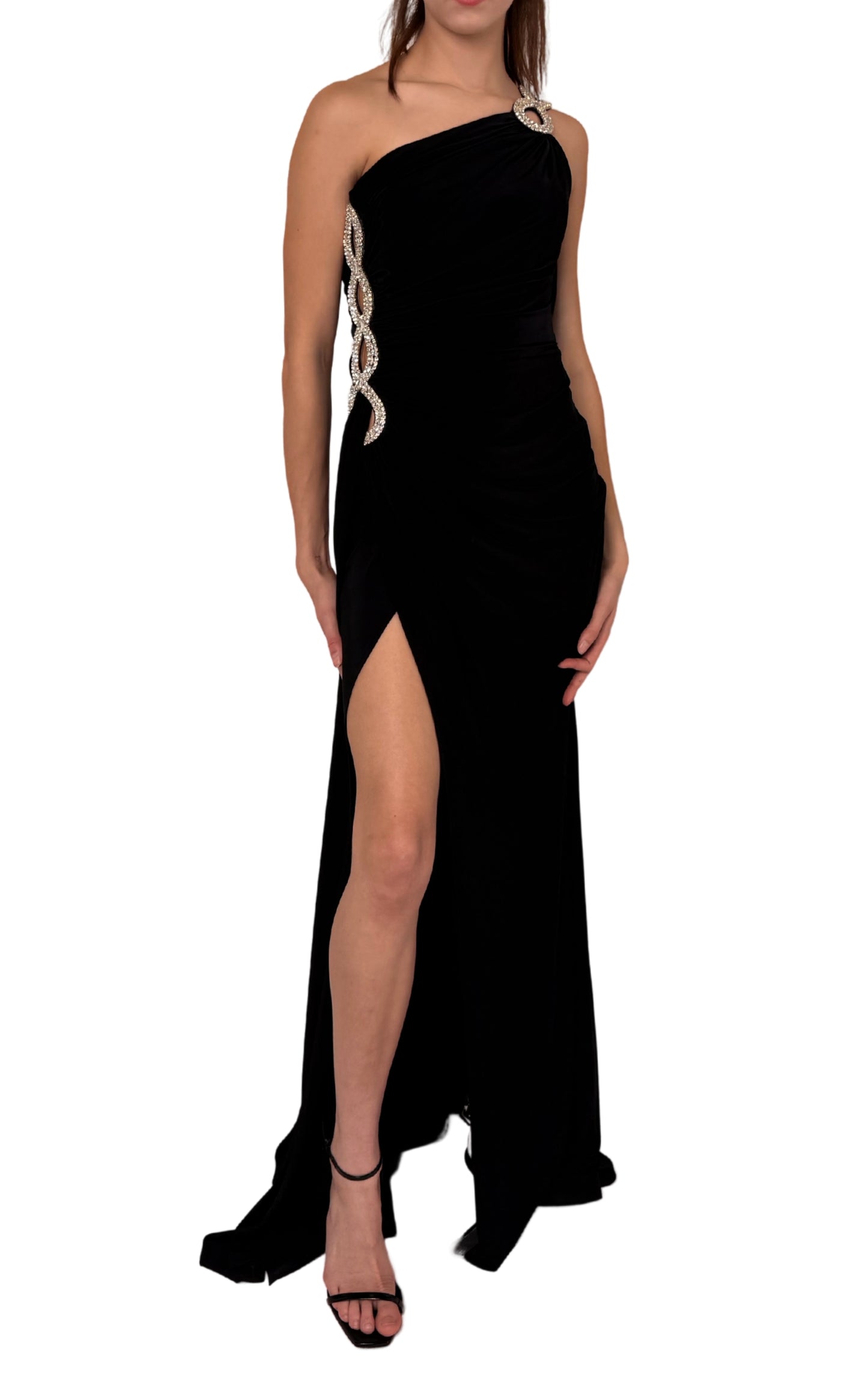 One Shoulder Beaded Stretch Gown in Black