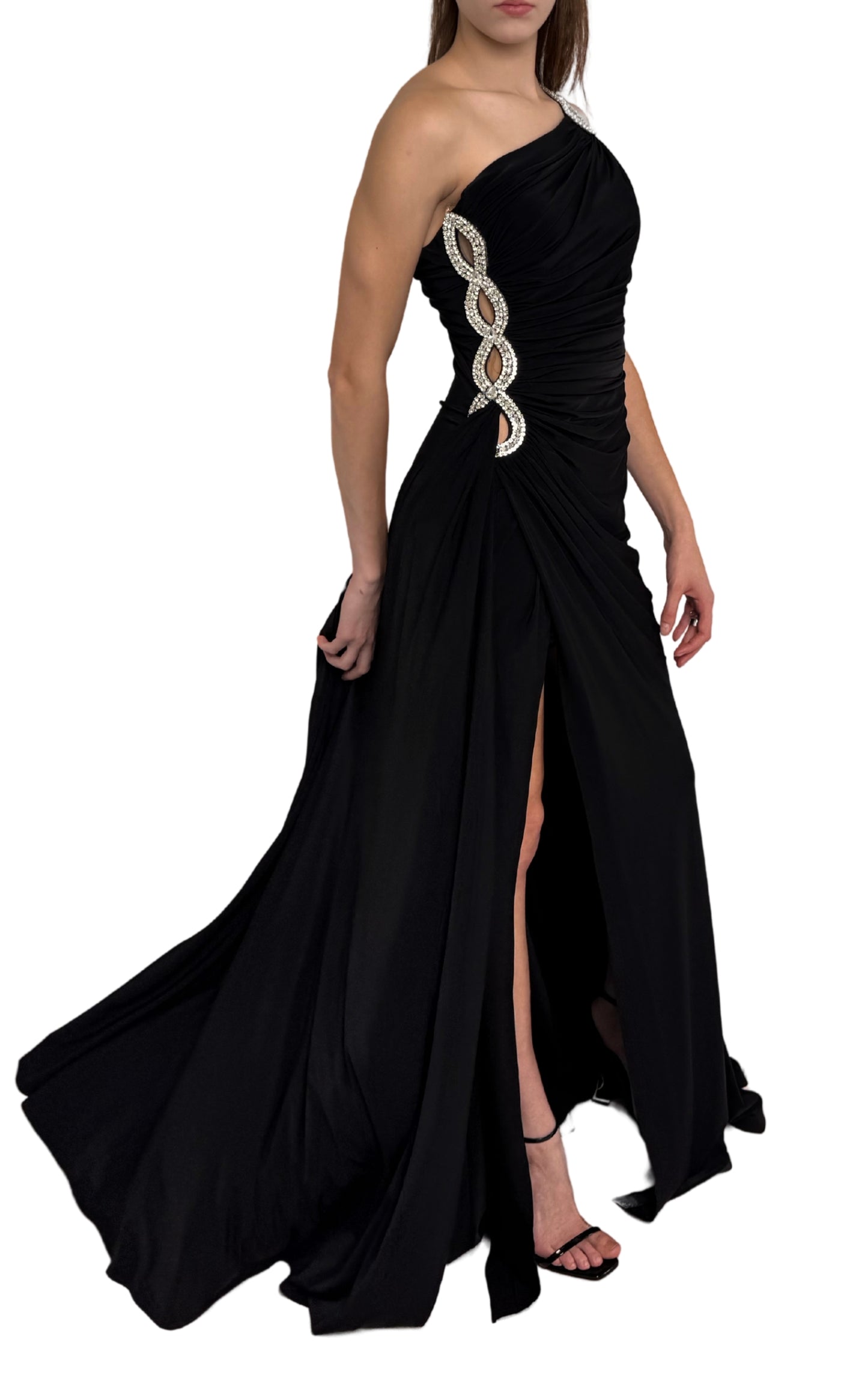 One Shoulder Beaded Stretch Gown in Black