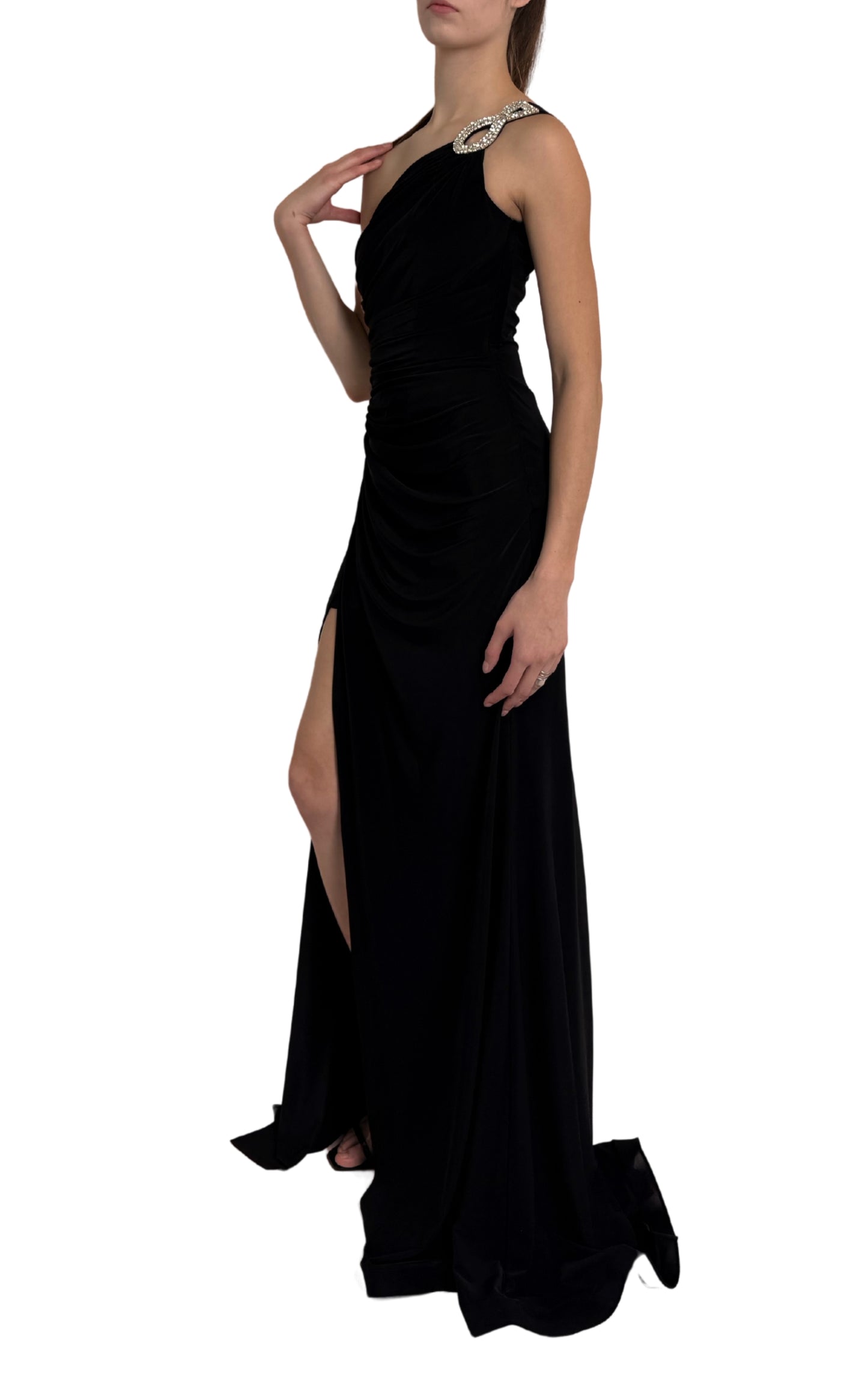 One Shoulder Beaded Stretch Gown in Black