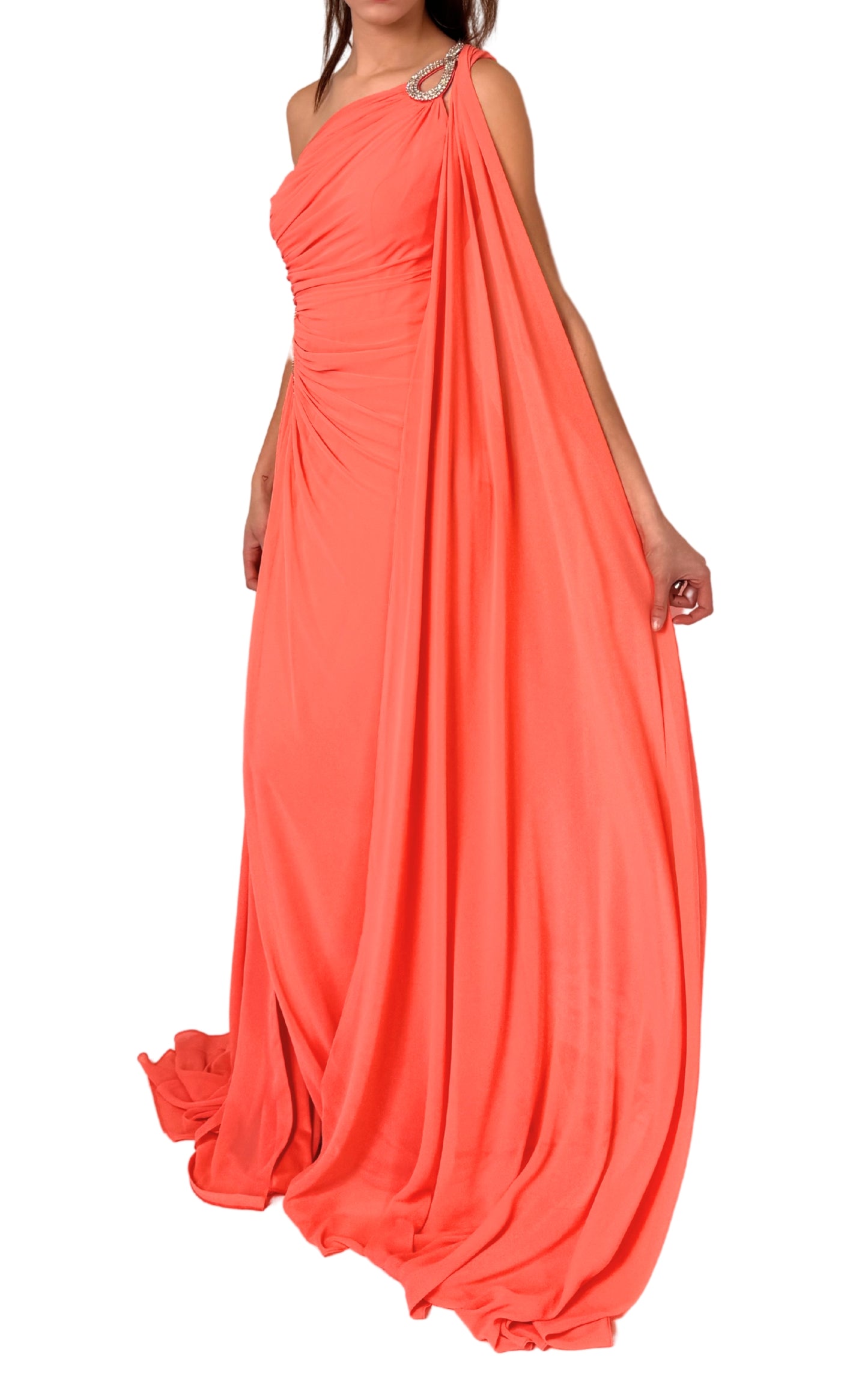 One Shoulder Beaded Gown in Coral