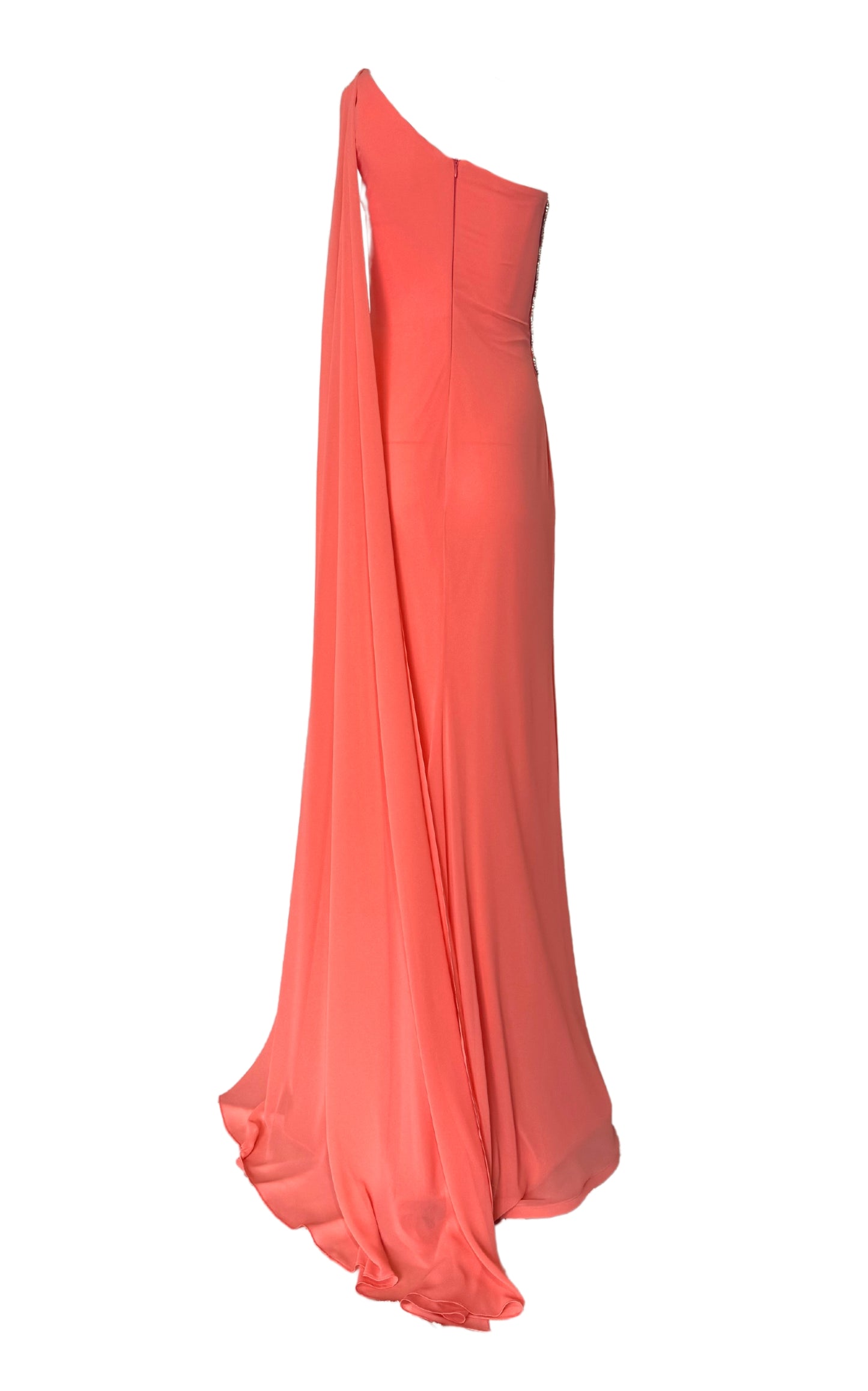 One Shoulder Beaded Gown in Coral