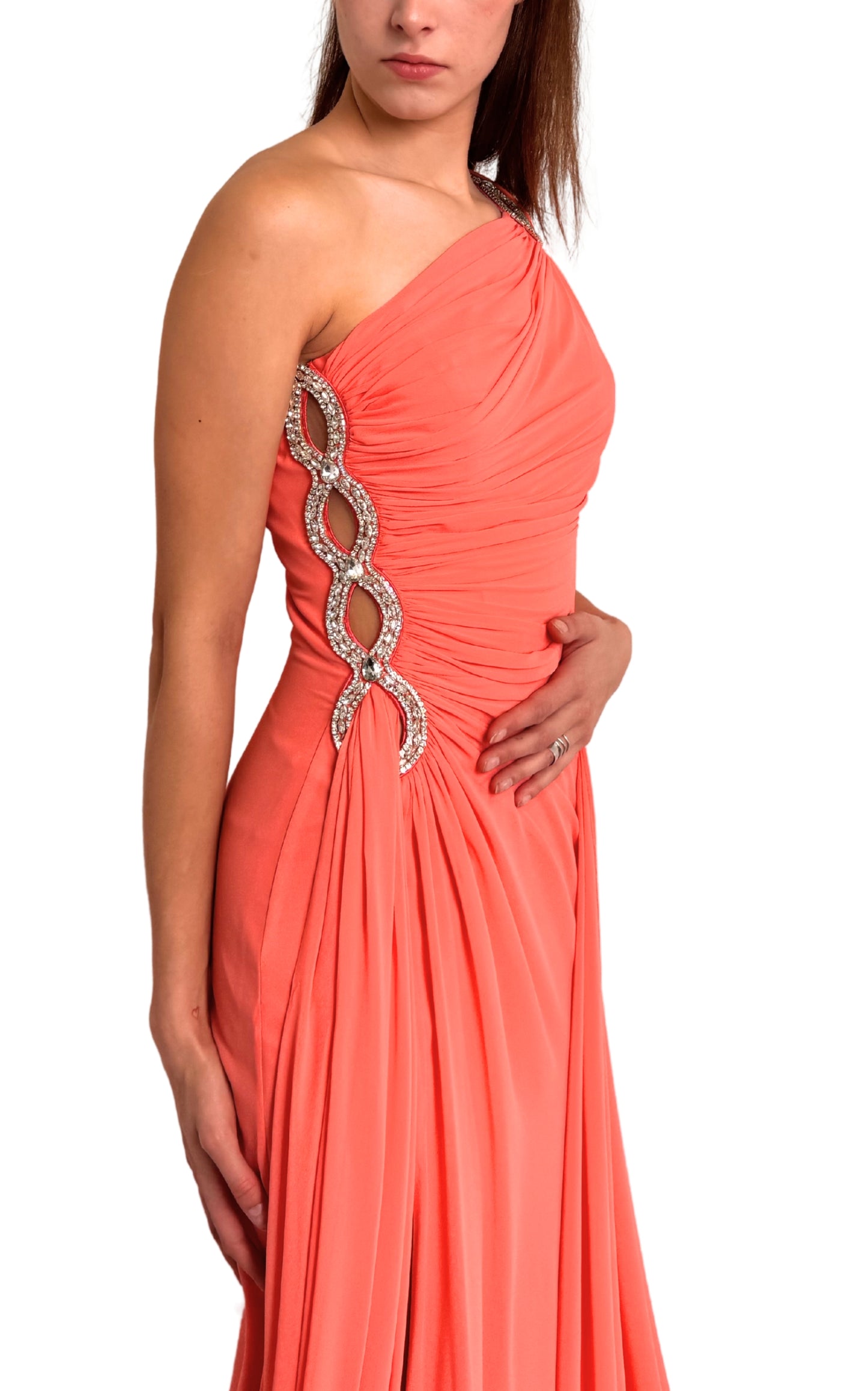 One Shoulder Beaded Gown in Coral