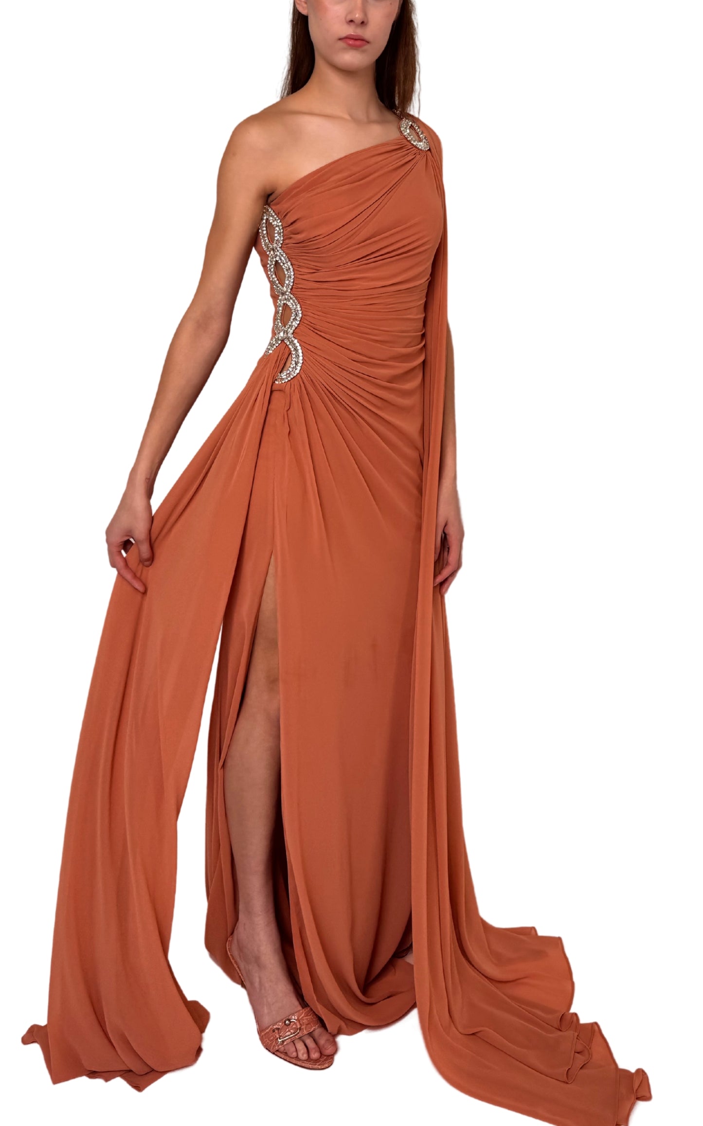 One Shoulder Beaded Gown in Brown