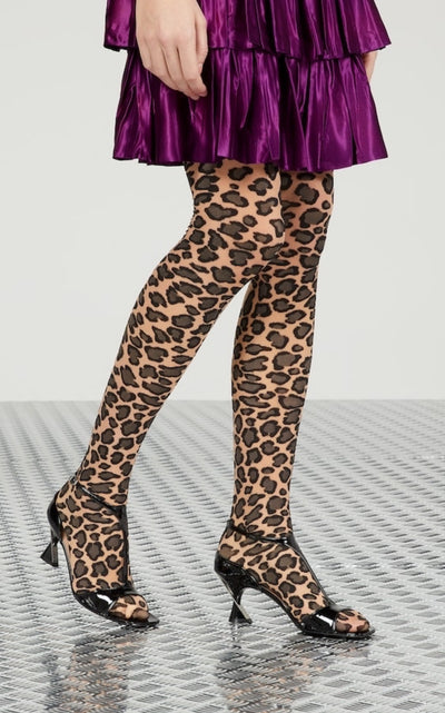 Stretch Knit Leopard Print Tights In Beige