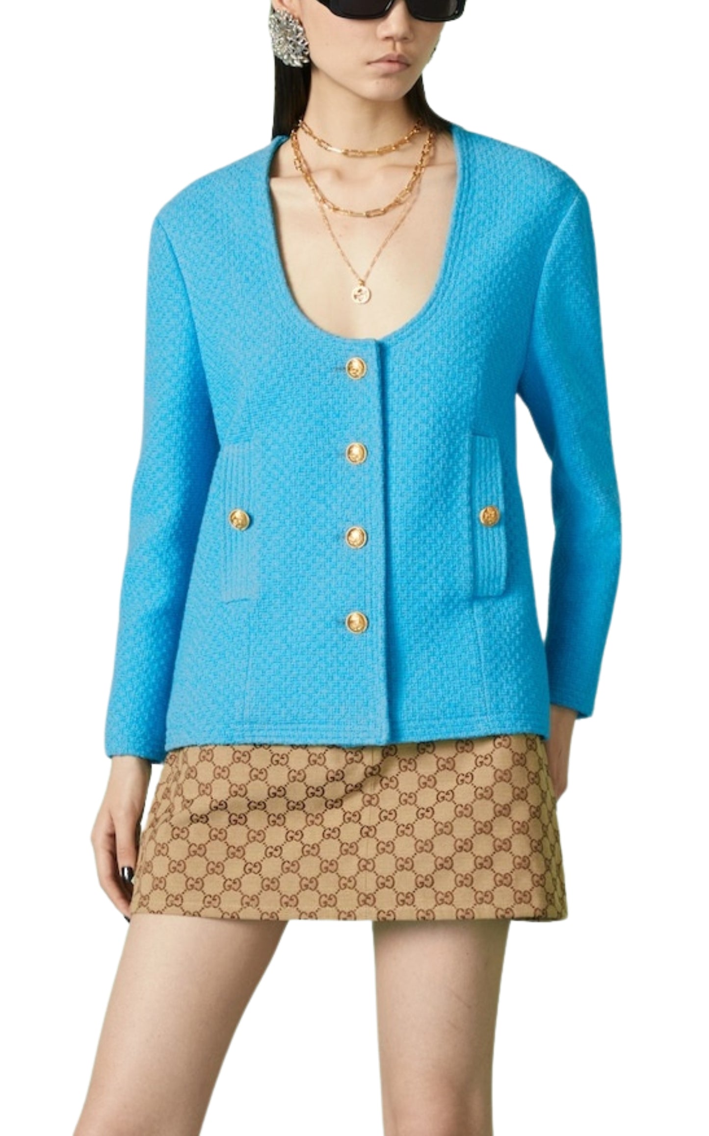 Blue Turquoise Cotton Tweed Jacket