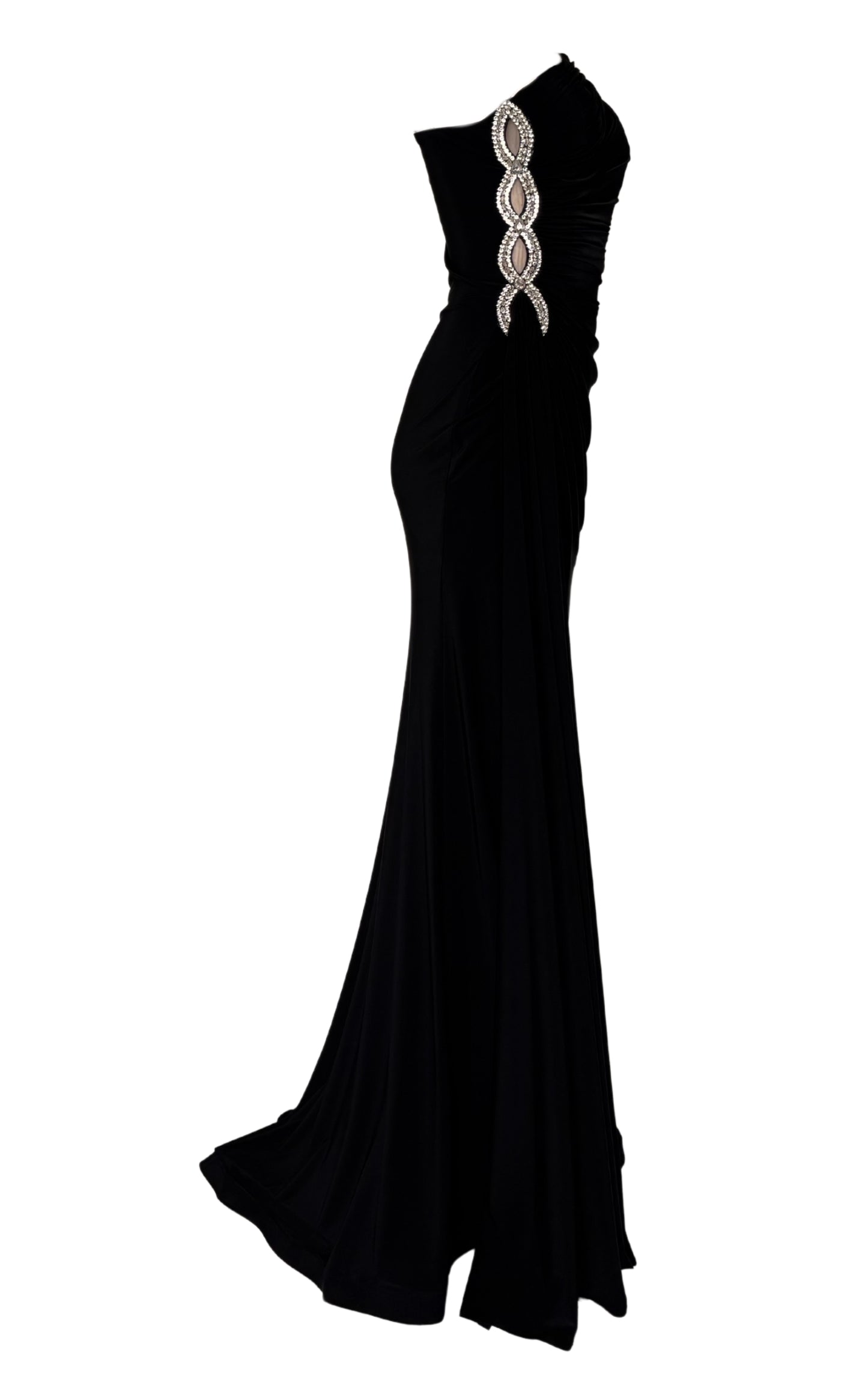 One Shoulder Beaded Stretch Gown in Black