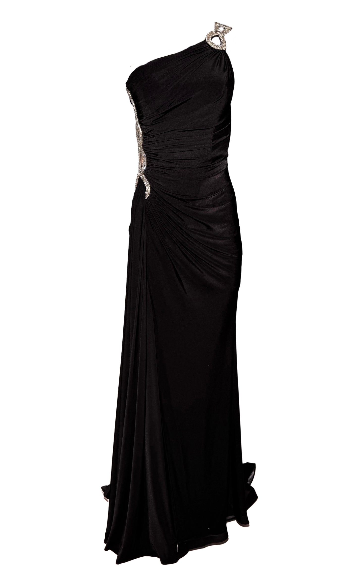 One Shoulder Beaded Stretch Gown in Black