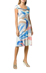  Emilio PucciBlue Acapulco Print Gathered Silk Blend Dress - Runway Catalog