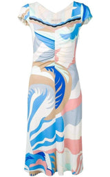  Emilio PucciBlue Acapulco Print Gathered Silk Blend Dress - Runway Catalog