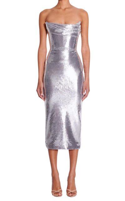 Alex Perry Draped Strapless Sequin Midi Dress - Runway Catalog