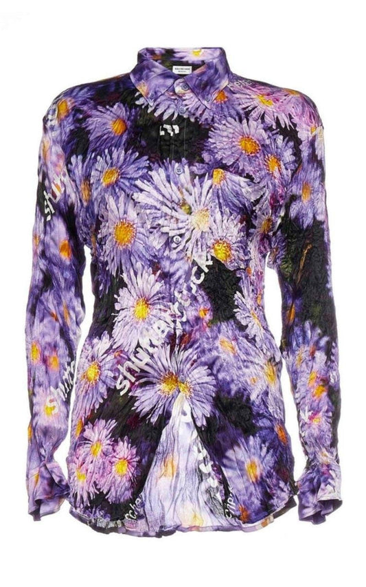 Balenciaga Floral Printed Crinkled Effect Silk Shirt