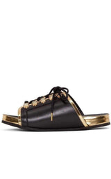 Black Gold Lace up Sliders Men Leather Sandals Balmain