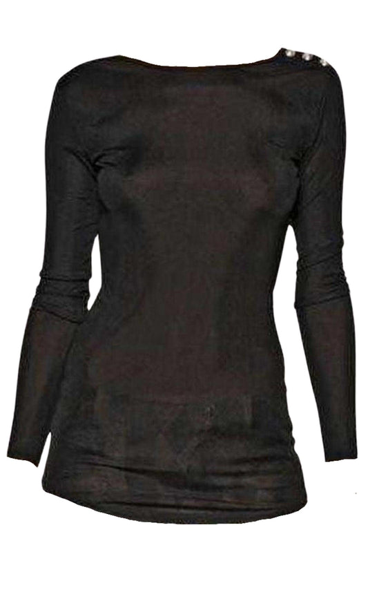 Black Long Sleeve Open Back Cotton Blend Top Balmain