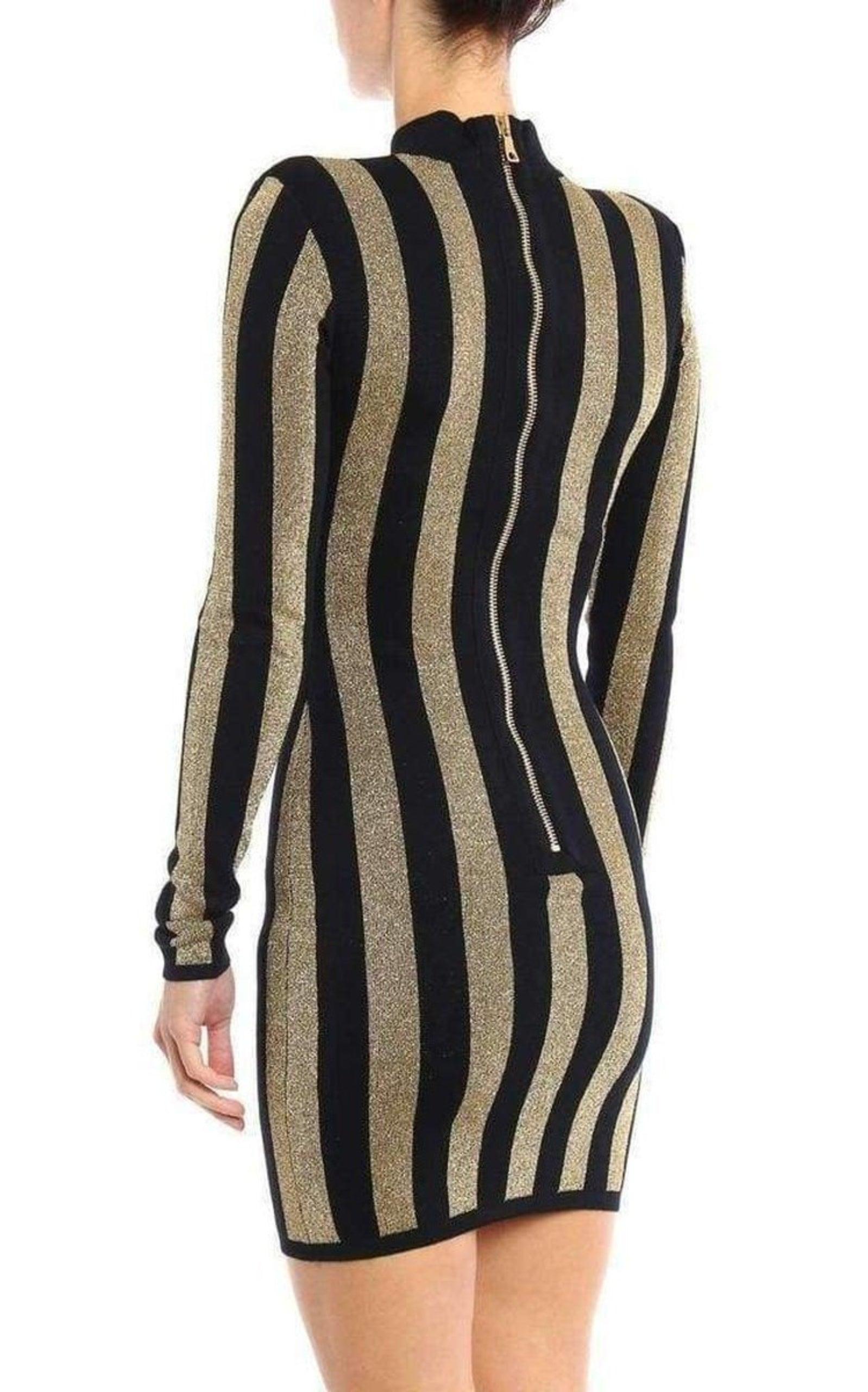 Lurex Gold Black Striped Pattern Mini Dress Balmain