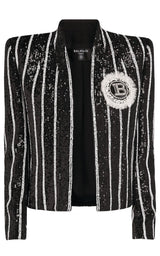 Sequinned Black White Striped Spencer Jacket Balmain