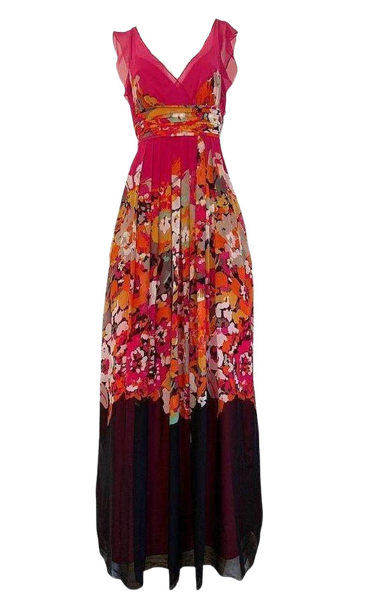 Printed Silk V-Neck Maxi Dress BCBGMAXAZRIA