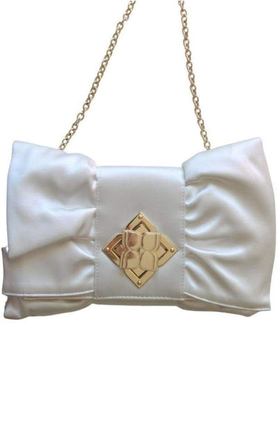 White Satin Signature Bow Ruffle Clutch BCBGMAXAZRIA