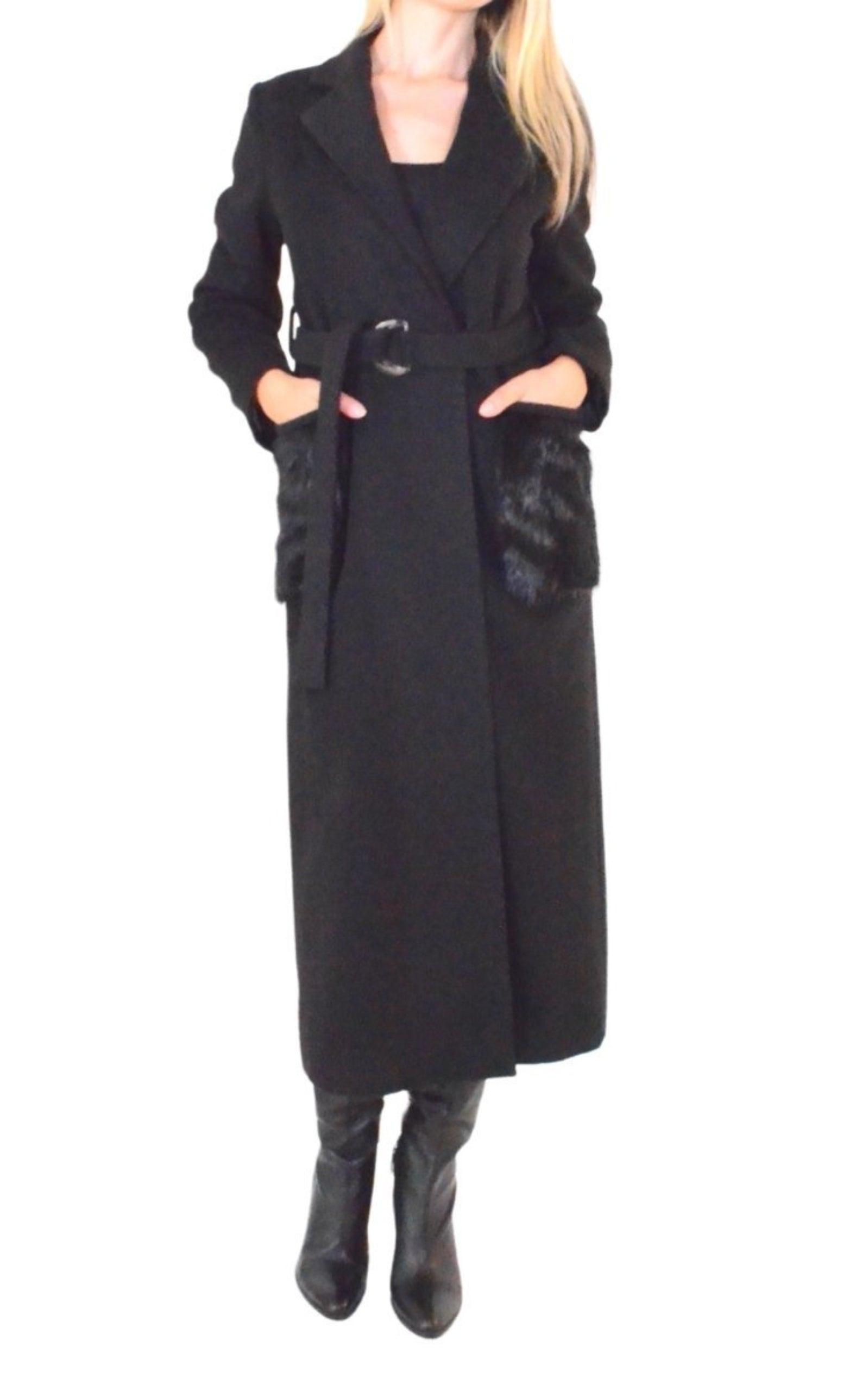 Black Classic Coat with Faux Fur Pockets Cult Moda