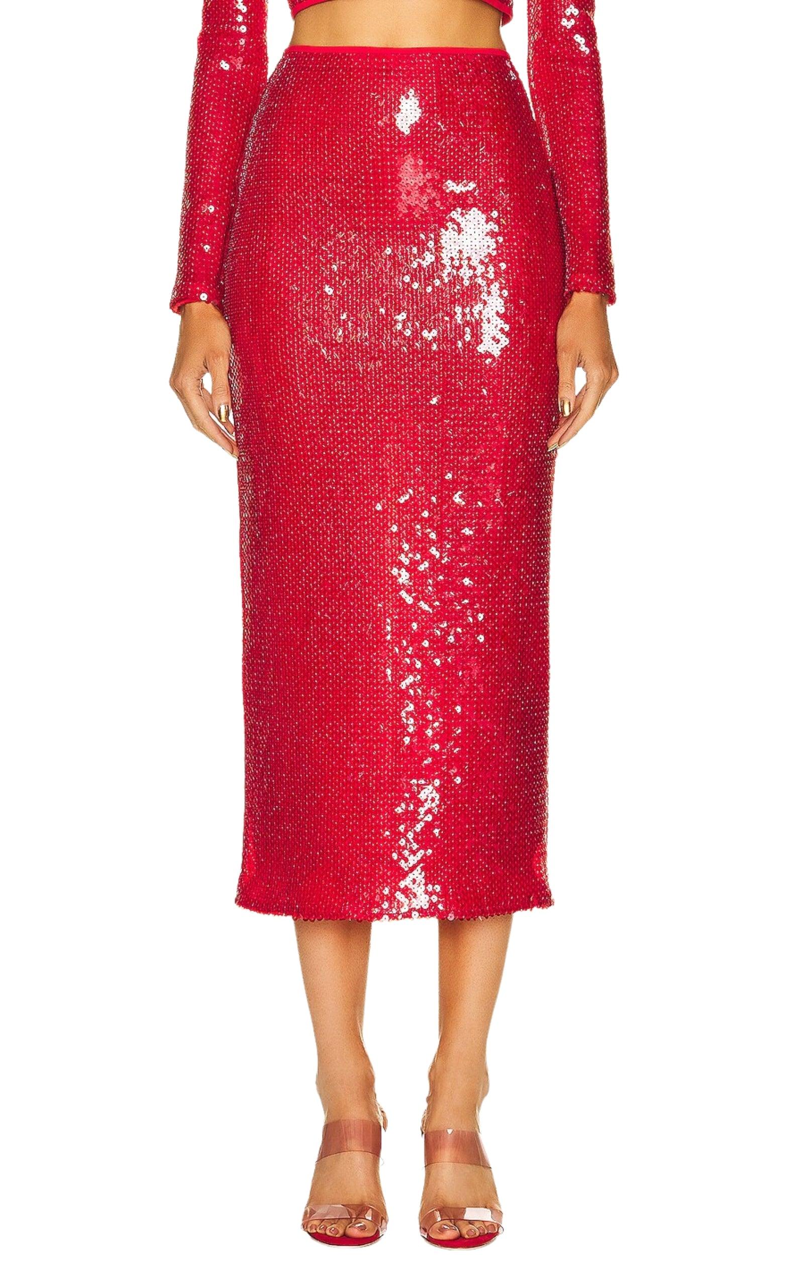 David Koma Red Sequinned Midi Skirt - Runway Catalog