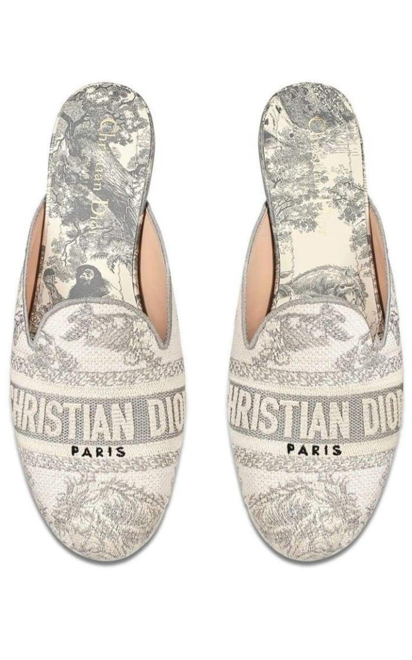 Dior Toile de Jouy Motif Flat Mules in Grey Stone Dior