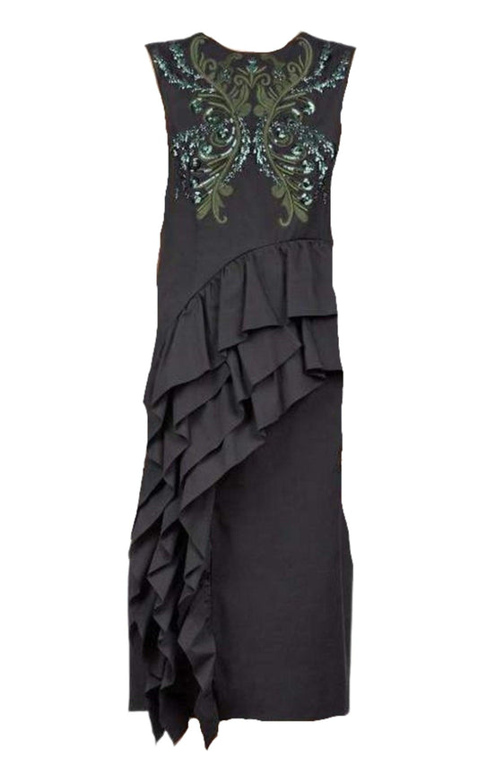 Sequinned Asymmetric Ruffle Cotton Dress Dries Van Noten