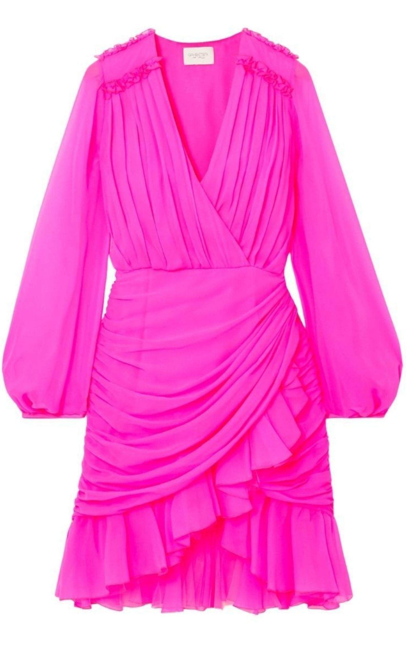 Ruched Neon Silk-Chiffon Mini Dress Giambattista Valli