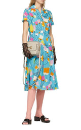 Blue Tulip Print Pleated Dress Gucci