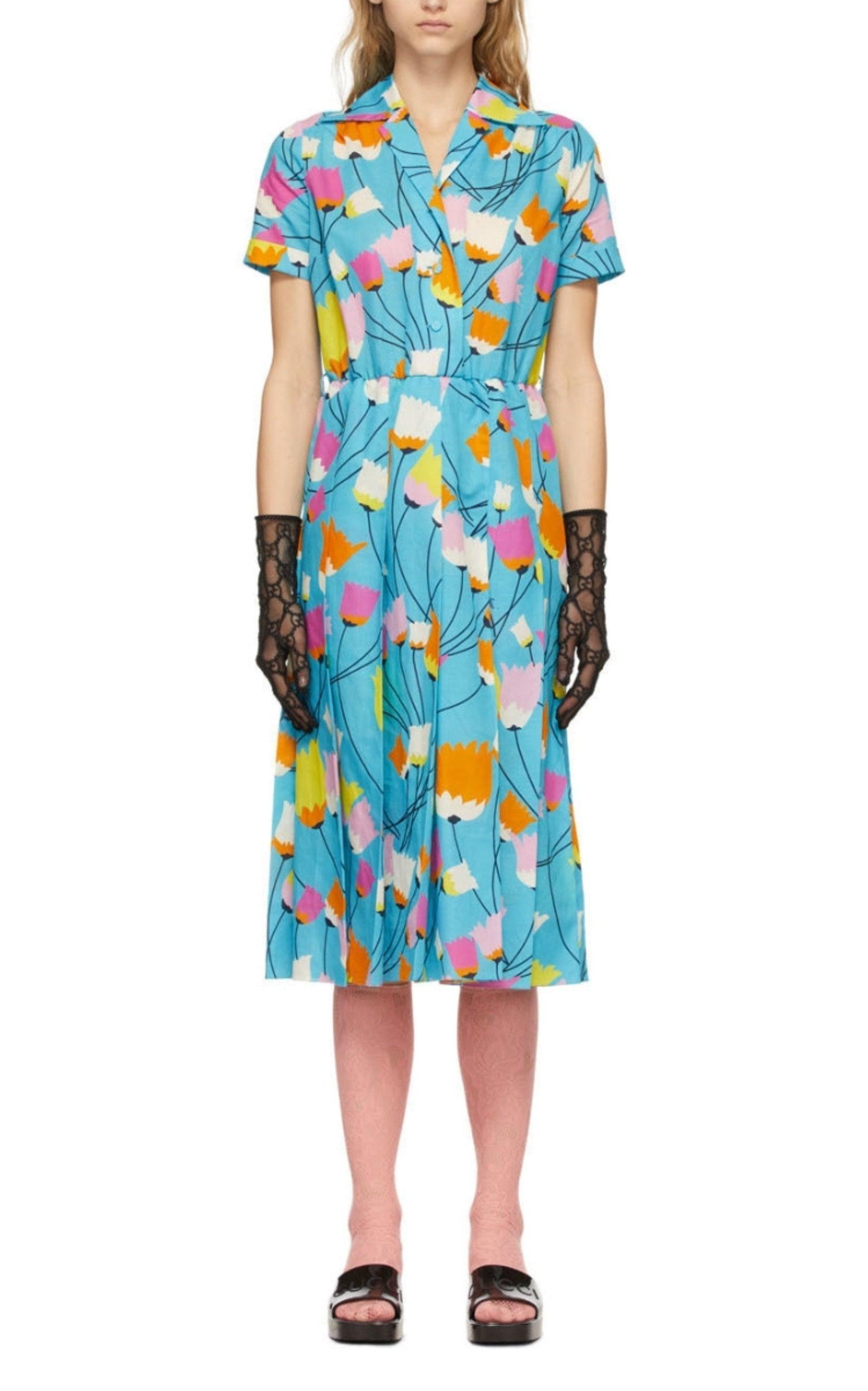 Blue Tulip Print Pleated Dress Gucci