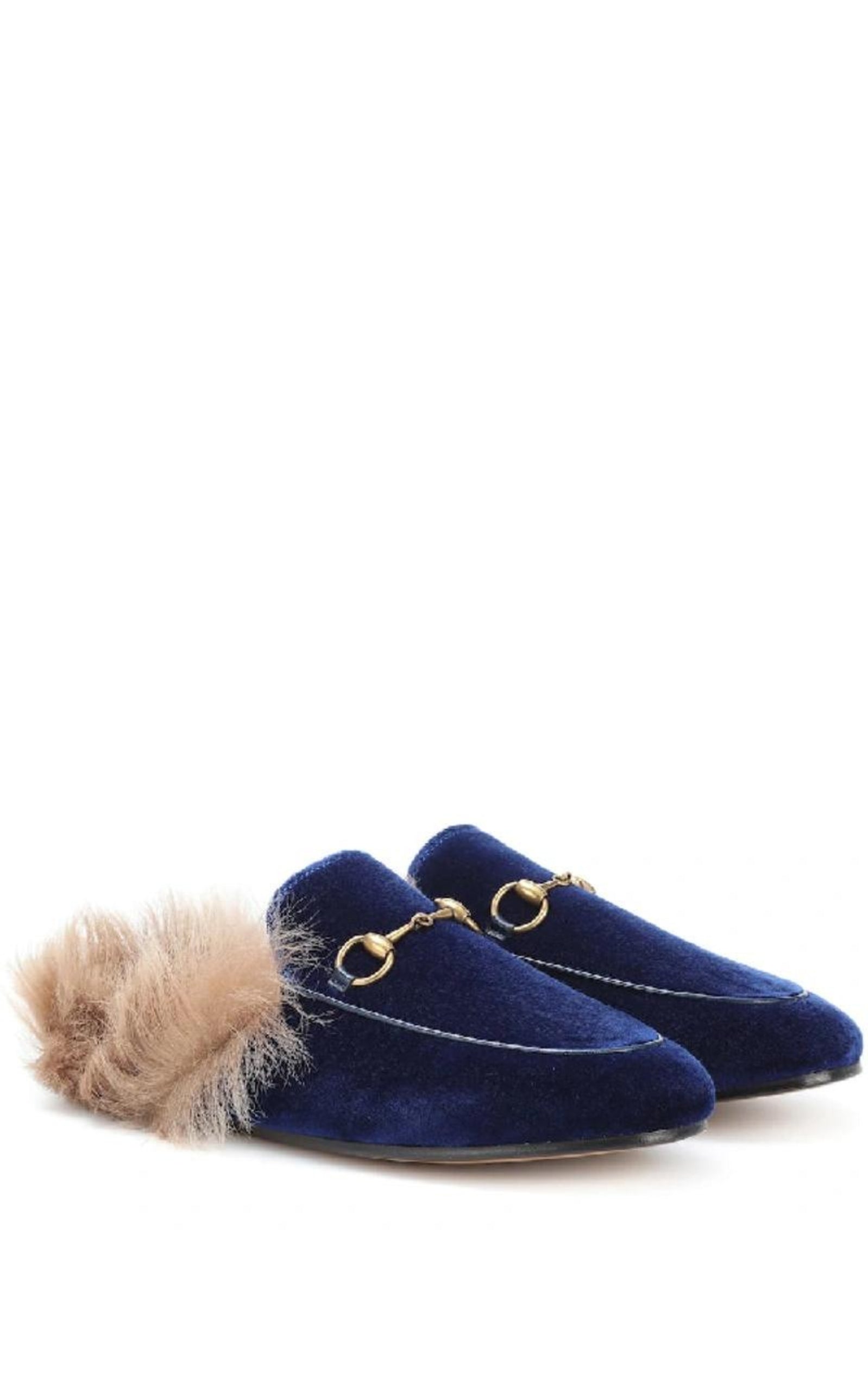 Blue Velvet & Fur Princetown Slippers Gucci