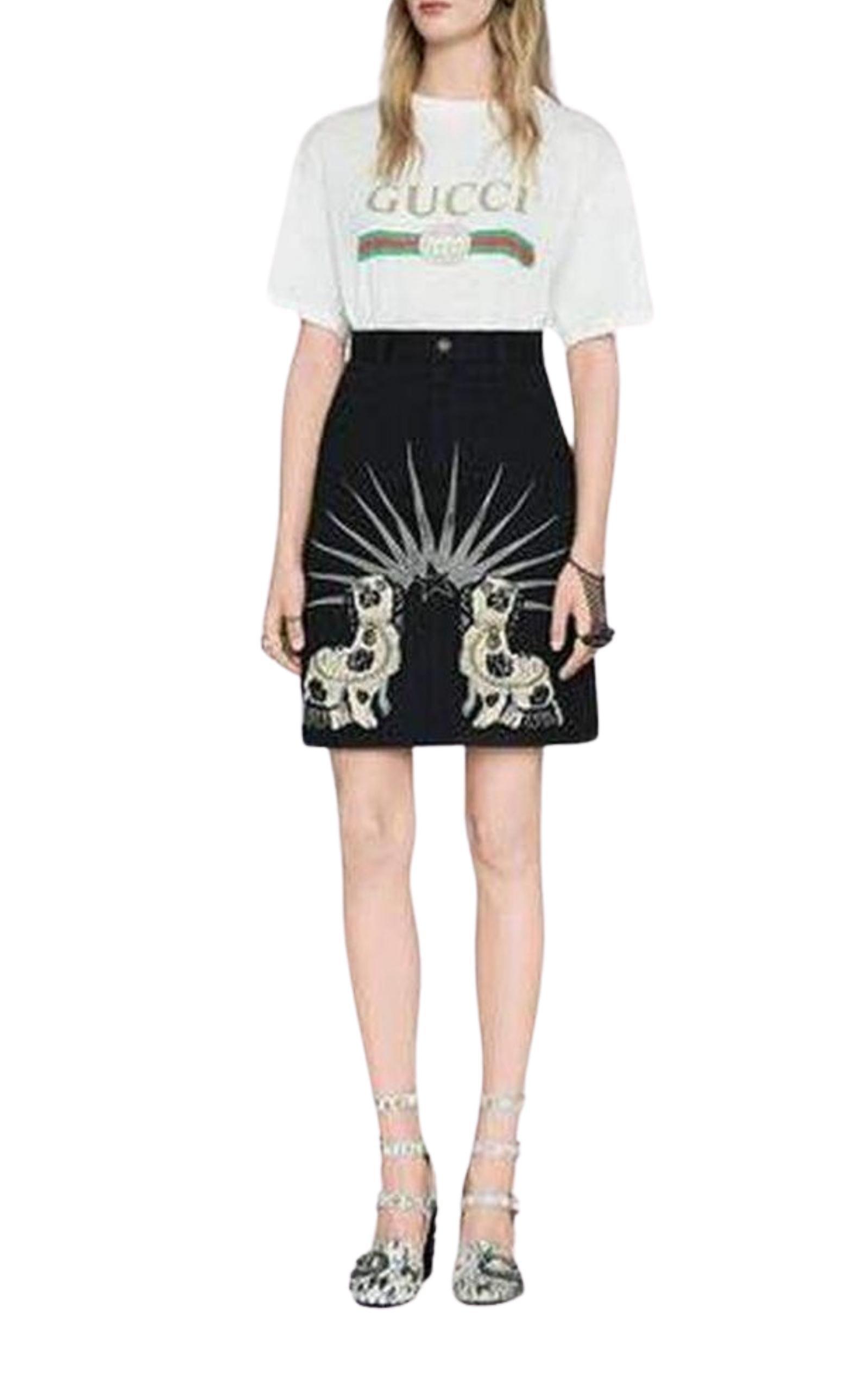 Embroidered Black Denim Mini Skirt Gucci