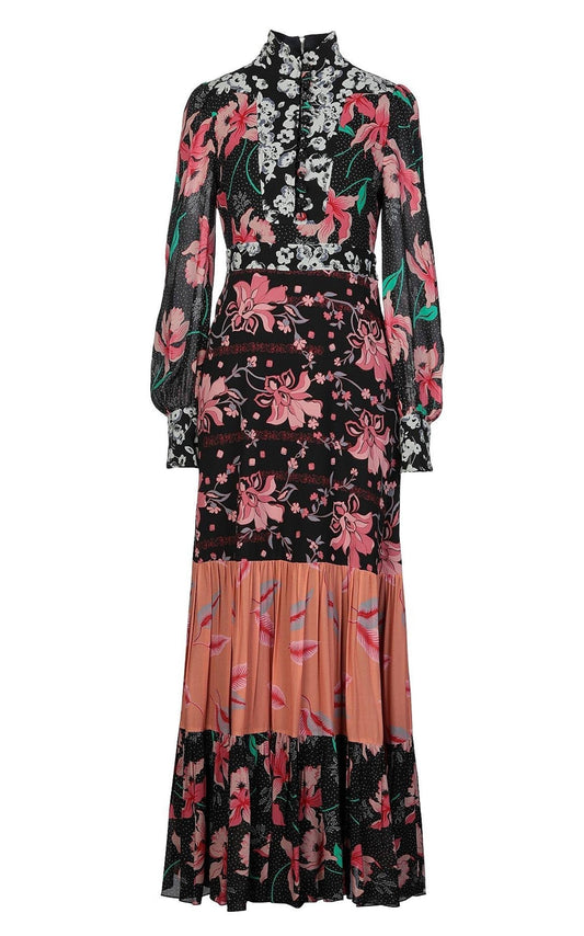 Floral Patchwork-Print Stand-Collar Crepe Dress Gucci