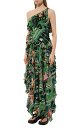 Green Floral Check-Print Ruffled Silk Gown Gucci