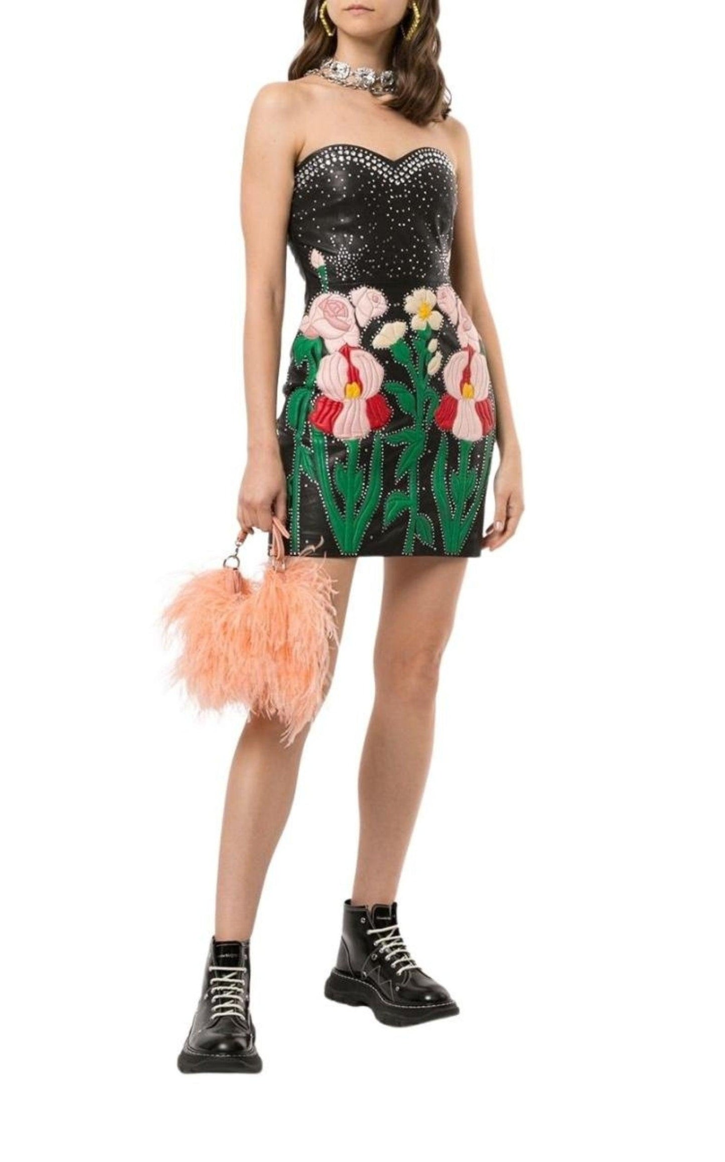 Leather Flower Intarsia Strapless Dress Gucci