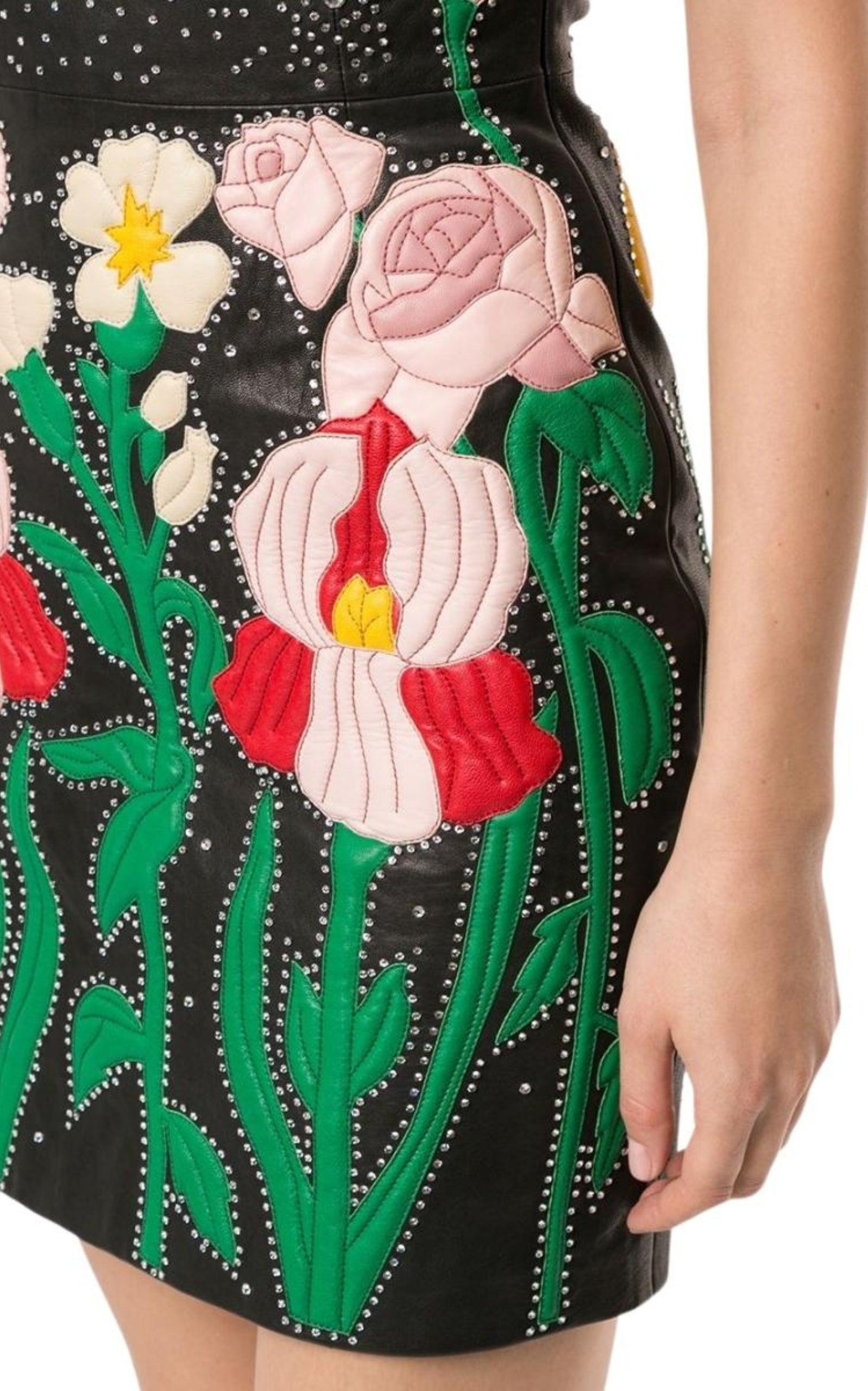 Leather Flower Intarsia Strapless Dress Gucci