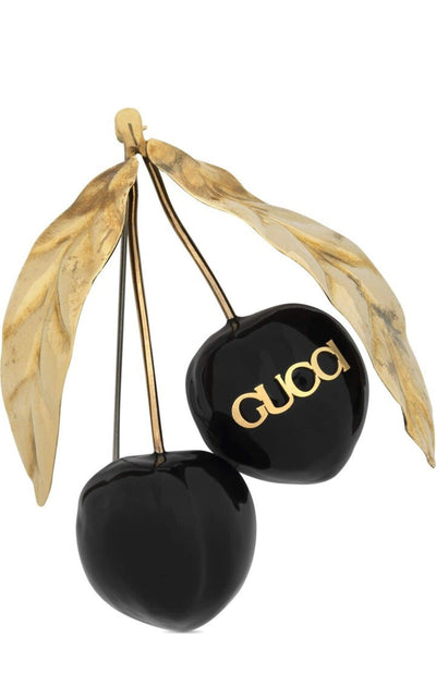 Logo-print Enamel Cherry Brooch Gucci