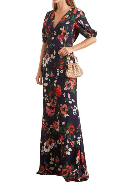 Floral Printed Georgette V-Neck Gown Lela Rose